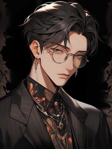 Anime Man In A Suit, Anime Guy Front View, Man Wearing Glasses Drawing, Handsome Anime Guys Suits, Anime Man Glasses, Anime Suit Guy, Ceo Anime Guy, Man With Glasses Art, Anime Men Drawing