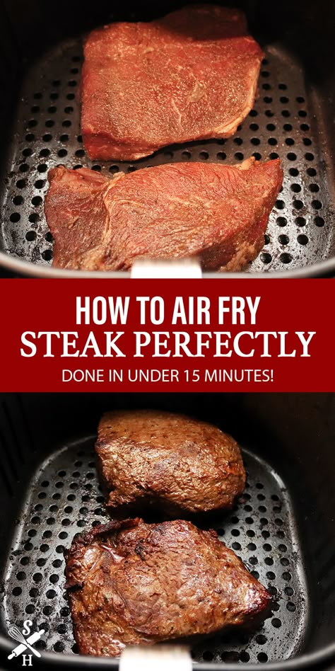 Steaks In Air Fryer How To Cook, Stakes In Air Fryer, Stake In The Air Fryer, Steak In The Airfryer, How To Air Fry Steak Medium Rare, Air Fryer Steak Recipes Medium Rare, Medium Rare Air Fryer Steak, Steak In Ninja Foodi Air Fryer, How To Cook A Steak In The Air Fryer