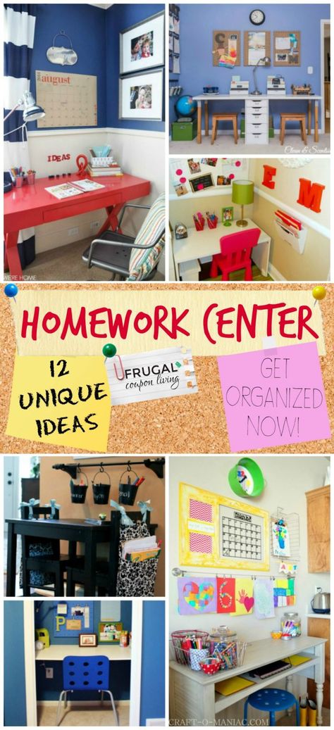 Home Command Centers and Homework Center Ideas - Get organized balancing work, home and school with these work form home homework stations. #homework #schoolwork #school #workfromhome #workathome #FrugalCouponLiving #classwork #homeworkcenter #homeworkstation Kitchen Table Homework Station, Homework Organization At Home, Kindergarten Homework Station, Homeschool Station, Homework Station For Kids, Homework Corner, Family Command Center Ideas, Kids Study Spaces, Command Center Ideas