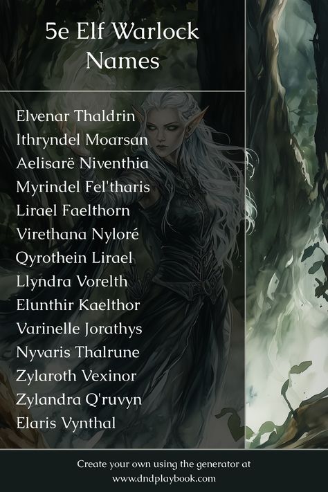 Elf Warlocks make pacts with ancient beings, blending their innate magical talent with forbidden powers to achieve mysterious goals. Dark Elf Names, Warlock Names, Elvish Names, Dnd Aesthetic, Dm Tools, Elf Drawings, Forbidden Knowledge, Elf Names, Female Character Names