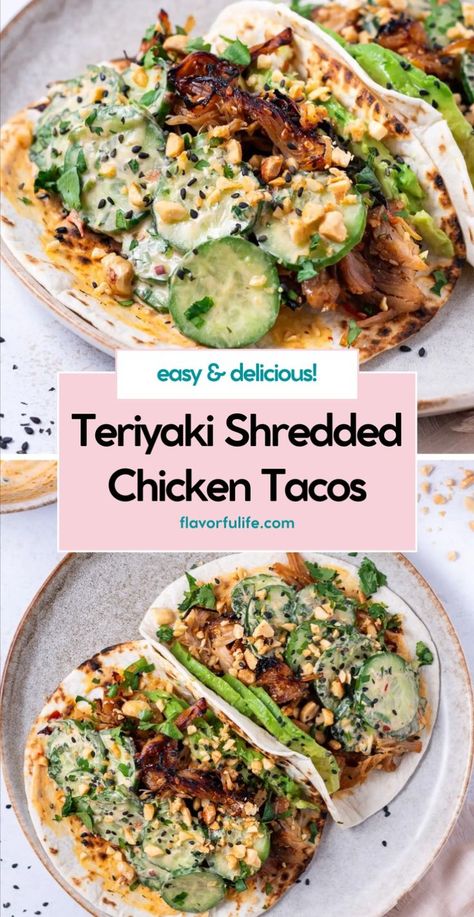 These chicken tacos made in the instant pot are perfect for an easy taco night. This chicken tacos recipe combines traditional shredded chicken tacos with a sweet and sticky teriyaki sauce. Add cucumber and cilantro for a fresh, delicious topping. Try this chicken taco recipe for the best chicken tacos ever! Teriyaki Chicken Tacos, Best Chicken Tacos, Protein Packed Dinner, Crockpot Meal Ideas, Breakfast High Protein, Shake Protein, Healthy Chicken Tacos, Chicken Tacos Recipe, High Protein Lunch