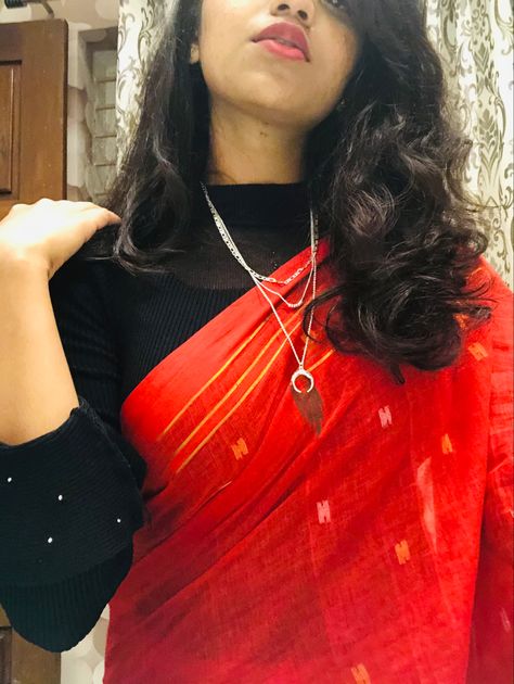 Saree with turtle neck top and layer chain(HnM) Saree With Turtle Neck Top, Saree Styling, Layer Chain, Layered Chains, Turtle Neck Top, Red Leather, Red Leather Jacket, High Neck, Turtle Neck