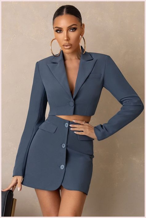 [Ad] Investment Slate Blue Cropped Boxy Blazer Club L London - Uk #croppedblazeroutfitclassy Feminine Suits, Crop Blazer Outfit, Cropped Blazer Outfit, Corporate Wears, Working Smart, Stylish Business Outfits, Boxy Blazer, Style Bleu, Club L London