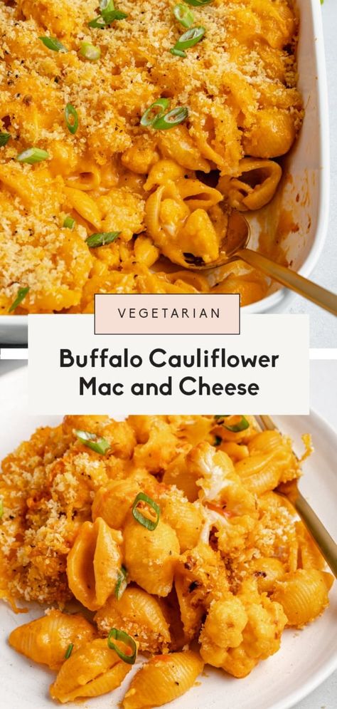 Incredible buffalo cauliflower mac and cheese made with sharp cheddar, your favorite buffalo sauce and a boost of veggies from roasted cauliflower. This easy buffalo mac and cheese with cauliflower is baked to perfection with a crumbly topping and will be a family favorite! #macandcheese #pasta #buffalosauce #vegetarian #cauliflower #glutenfree #healthydinner #comfortfood Buffalo Cauliflower Mac And Cheese, Mac And Cheese With Cauliflower, Vegan Cashew Cheese Sauce, Buffalo Mac And Cheese, Mac And Cheese Sauce, Vegan Cashew Cheese, Pumpkin Mac And Cheese, Cauliflower Mac And Cheese, Ambitious Kitchen