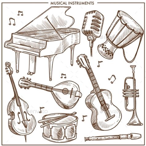 Musical Instruments Vector Sketch Icons Collection - Vector EPS. Download: https://graphicriver.net/item/musical-instruments-vector-sketch-icons-collection/21673675?ref=ksioks Musical Instrument Sketch, Sketch Of Musical Instruments, Musical Instruments Sketch, Harp Instrument Drawing, Bass Instrument Drawing, Percussion Instruments Drawing, Drums Sketch, Item Sketches, Drawing Musical Instruments