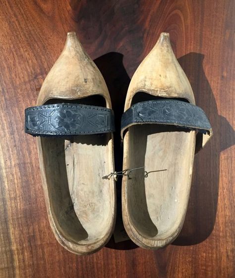 Antique Wooden Clogs - Dutch - Holland - Wood - Rustic - Blue Strap - Free Shipping - Shoe - Home De Wooden Clogs Dutch, Dutch Wooden Shoes, Dutch Clogs, Rustic Blue, Wooden Clogs, Puffy Coat, Wood Rustic, Clog Heels, Wooden Shoes