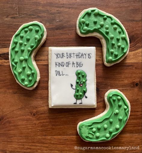 Pickle Themed 1st Birthday, Pickle Cookies Decorated, Big Dill Birthday, Pickle Party Decorations, Pickle Themed Birthday Party, Pickle Cookies, Pickle Birthday Party, Pickle Birthday, Pickle Party