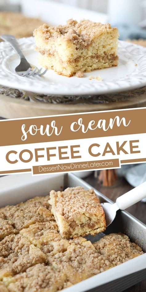 This Sour Cream Coffee Cake is ultra moist, fluffy, and soft with a delicious cinnamon streusel in the center and on top. No glaze needed on this classic crumb cake. It's an easy 9x13 cake that works for breakfast, brunch, or dessert. Sour Cream Coffee Cake Recipe Easy, 9x13 Desserts Easy, Easy Sour Cream Coffee Cake, Sour Cream Crumb Cake, Easy 9x13 Cakes, Moist Sour Cream Coffee Cake, Sheet Pan Coffee Cake, Rhubarb Coffee Cake Recipes Sour Cream, Super Moist Coffee Cake