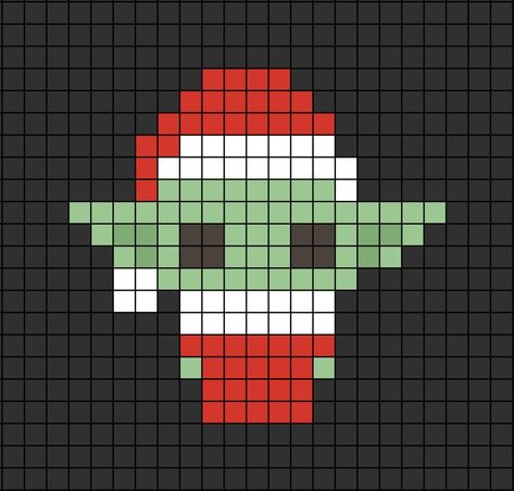 A pixel art template of Grogu dressed up with a red Santa hat on with a red gown. Christmas Pixel Art Easy, Easy Pixel Art Christmas, Pixel Art Ideas Christmas, Pixel Art Templates Christmas, Pixel Art Grid Christmas, Christmas Pixel Art Aesthetic, Pixel Christmas Art, Hama Beads Patterns Christmas, Perler Beads Star Wars