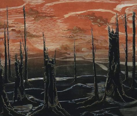 Nature Destruction Art, Destruction Of Nature Art, Burnt Forest Art, Dark Forest Art Paintings, Nuclear Wasteland Aesthetic, Destroyed Landscape, Decaying Forest, Dark Landscape Art, Destroyed Nature