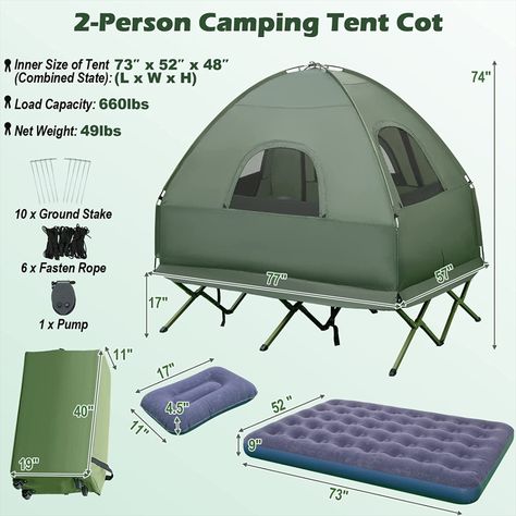 Foldable Camping Tent with Air Mattress & Sleeping Bag, Waterproof Elevated Camping Tent with Carry Bag, Portable Camping Tent Cot Tent Cot, Camping Cot, Roll Up Doors, Air Pillow, Bed Tent, Wet Floor, Camping Bed, Air Bed, Air Mattress