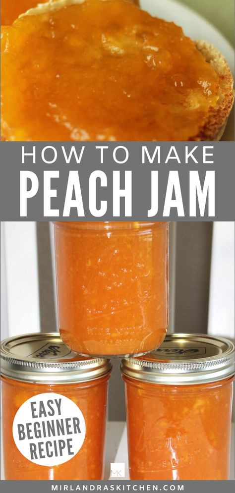 Homemade peach jam is such a wonderful treat all winter long! It tastes just like opening a jar of summer. And it is pretty easy to make! I've got all the simple steps beginners need to know to make and can their own easy peach jam. This is a simple enough canning recipe that you can include your kids so they can learn too! #familyactivity #canning #summer #foodinjars #fromscratch Recipe For Canning Peaches, How To Make Peach Jam Step By Step, Diy Peach Jam, Canned Peach Jam Recipe, Peach Cobbler Jam Recipe Canning, Peach Jam From Canned Peaches, Easy Peach Freezer Jam Recipe, Jams Jellies And Preserves, Peach Nectarine Jam