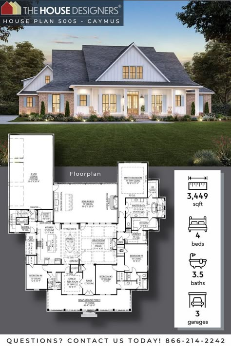 The Caymus house plan feature 3,449 square feet with a total of 4/5 bedrooms and 3.5 baths on 1 level. A grand entrance with an impressive doorway, vaulted ceilings, and transom windows welcomes you into a spacious floor plan highlighted by coffered ceilings in the great room. Cottagecore House Plans, Country Farmhouse Exterior, Single Level House Plans, 4 Bedroom Farmhouse, One Level House Plans, Multigenerational House Plans, Four Bedroom House Plans, Country Floor Plans, Ranch Farmhouse