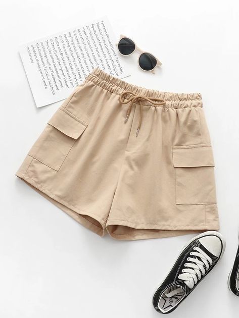 Crop Top And Sweatpants, Plus Size Kleidung, Elastic Waist Pants, Plus Size Shorts, Girls Bows, Drawstring Shorts, Waist Pants, Shorts With Pockets, Flap Pocket