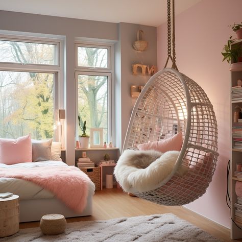 Hanging Chair Girls Room, Swinging Chair In Bedroom, Modern Teenage Girl Bedroom, Teenager Bedroom Girl, Bedroom Hanging Chair, Green Kids Rooms, Bedroom Swing, Girls Room Ideas