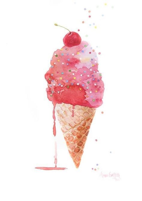 Traditional Art Prints, Kentucky Art, Ice Cream Art, Watercolour Inspiration, Nursery Decor Girl, Cherry On Top, Watercolor Art Prints, Ice Cream Cone, Giclee Art