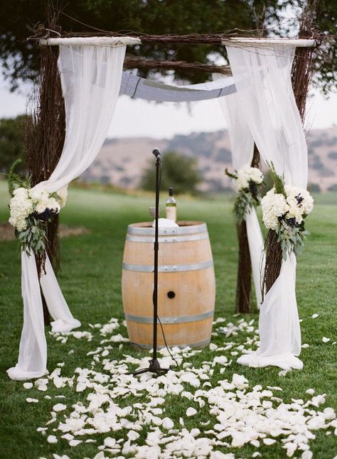 stylish rustic wedding ceremony altar ideas with barrels Wedding Altar Ideas, Wedding Altar Decorations, Rustic Wedding Alter, Wedding Altar, Altar Ideas, Rustic Wedding Showers, Wedding Alters, Wedding Arch Rustic, Rustic Wedding Ceremony