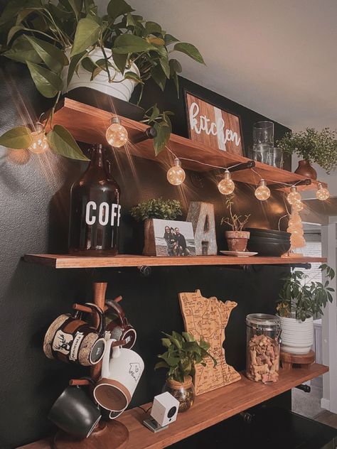 Coffee Bar Kitchen Shelves Plants Shelf Decor Lights Coffee Mugs Minnesotan Coffee Bar With Plants, Above Fridge Decor, Boho Coffee Bar, Plant Station, Shelves Plants, Plants Shelf, Above Fridge, Coffee Bar Kitchen, Coffee/wine Bar