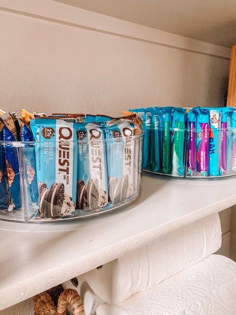 Protein Bar Organization, Loaded Tea Storage Ideas, Organizing Satisfying, Protein Organization, Girly Organization, Bar Organization, Tea Therapy, Office Decor Organization, Snack Organizer