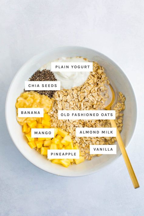 Tropical overnight oats are a healthy, portable breakfast with a taste of the tropics. Enjoy the unique combo of oats with creamy banana, sweet pineapple, delicious mango and toasted coconut. Hawaiian Overnight Oats, Overnight Oats Tropical, Pineapple Overnight Oats Healthy, Pineapple Overnight Oats, Tropical Oatmeal, Pineapple Oatmeal, Yogurt And Peanut Butter, Mango Overnight Oats, Mango Breakfast