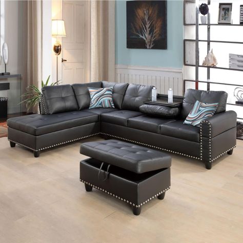 Living Room Furniture Sets,Sectional Folded Cup Holder,L-Shape Storage Ottoman and Chaise,Nailhead Trim Faux Leather Sofas & Couches for Apartments, Black-A Leather Couch Sectional, Faux Leather Couch, Black Sectional, Faux Leather Sectional, Sofa With Ottoman, Grey Sectional Sofa, Sectional Sofa With Chaise, 3 Piece Sofa, Leather Sectional Sofa