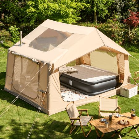 With encrypted oxford cloth, PVC air tube and polyester thread stitching, our 12"x8" inflatable camping tent is quite premium. It's huge and can be placed with inflatable beds, couches, sleeping bags, coffee table and loungers. This glamping tent's prepped with a chimney hole and a convenient storage bag to save small items. This inflatable tent house has PVC transparent skylight and double-layered door curtains to provide efficient internal airflow and good lighting. It only takes you a little time to finish setting up your luxury tent, making your camping trip more relaxing and enjoyable. Size: 12'x8'x7.5'.  Color: Beige. Camping Tent Set Up, Small Tent Camping, Girly Camping, Unique Camping Gear, Cold Weather Tents, Camp Lazlo, Tents Camping Glamping, Survival Tent, Camping Foods