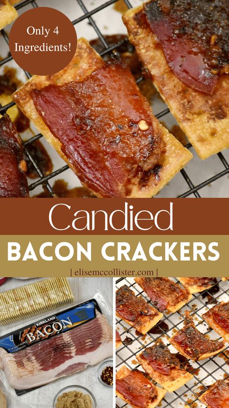 Candied Bacon Crackers » Elise McCollister Candied Bacon Crackers, Savory Crackers, Bacon Crackers, Bacon Cracker, Crackers Appetizers, Bacon Snacks, Holiday Party Game, Corndog Recipe, Club Crackers