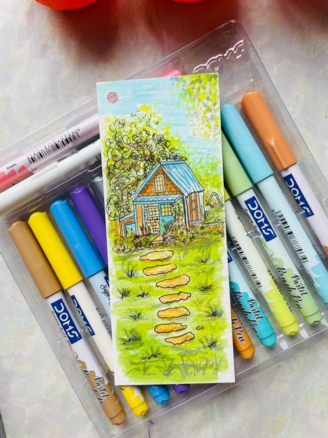 Brushpen Drawings Ideas, Pastel Brush Pen Drawing, Pastel Brush Pen Art Ideas, Art With Brush Pens Easy, Brush Pen Scenery, Brushpen Art Idea, Aesthetic Drawing With Brush Pens, Doms Pastel Brush Pen Drawing, Borders With Brush Pens