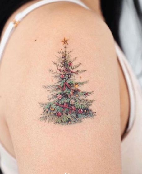 Christmas Tattoo Designs, Winter Tattoo, Snow Flake Tattoo, Christmas Tattoo, Single Needle Tattoo, Light Tattoo, Tree Tattoo Designs, Back Of Shoulder Tattoo, Large Tattoos