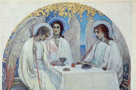 Mikhail Nesterov article THE OLD TESTAMENT TRINITY SKETCH FOR A MOSAIC FOR THE CATHEDRAL OF THE RESURRECTION, ST. PETERSBURG. Orthodox Paintings, Mikhail Nesterov, Russian Painting, San Michele, Biblical Art, Catholic Art, Russian Art, Old Testament, Holy Trinity