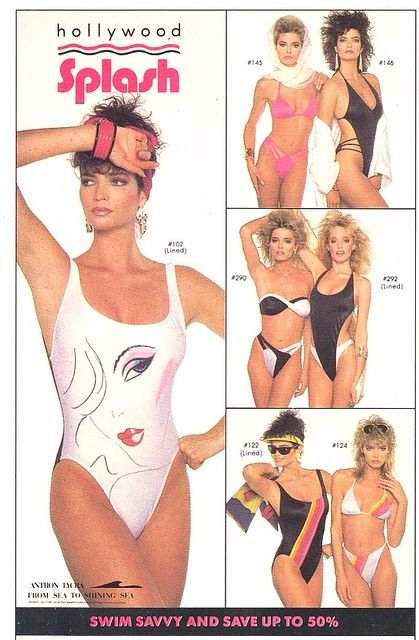 Hollywood Splash swimwear Ad 1986 | Typical 80s swimwear- ve… | Flickr Aerobic Outfits, 80s Swimsuit, Swimwear Aesthetic, Fashion Through The Decades, Fantasy Party, Retro Fashion Outfits, 80’s Fashion, Vintage Swim, Swimsuit Pattern