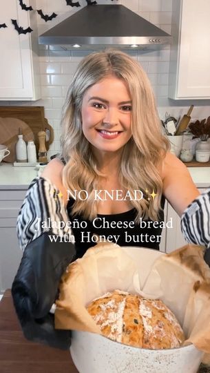 2.6K views · 571 reactions | ‼️NO KNEAD Jalapeño cheese bread with whipped honey butter! Perfectly sweet and spicy! Make this for your next fall party and friends.. football season is here!! 🤎🍂✨🏈  NO KNEAD JALAPENO CHEESE BREAD⬇️  3 cups of Artisan flour or unbleached all purpose flour 1 3/4 tsp salt (I use King Arthur artisan flour) 2 tsp sugar 1 1/2 tsp of dry active yeast 1 cup of cheddar cheese 1 cup of pepper jack/Monterey jack mix 1 4oz can of diced jalapeño’s drained!! 1 1/2 cups hot water (I microwave for around 50-55 seconds)  Add dry ingredients to a bowl. Use a dough whisk and mix. Heat water and add. Whisk until mixed and sticky. Cover and set aside for 2-3 hours. Flour surface and add dough. Fold a few times and form a ball. Cover for 20-30 min.  Heat Dutch oven to 450. For Whipped Honey Butter, Jalapeno Cheese Bread, Dough Whisk, Whipped Honey, Jalapeno Cheese, Monterey Jack, No Knead, All Purpose Flour, Honey Butter