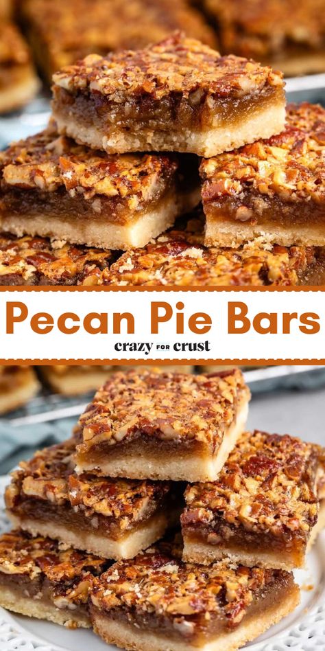 The Pecan Pie Bars taste exactly like a pecan pie but they’re in cookie bar form with a shortbread crust. Creamy and crunchy and perfectly sweet – they’re the perfect dessert when you want to serve something easier than pie! Pecan Bars With Cake Mix Crust, Sugar Cookie Pecan Pie Bars, Pecan Pie Bars With Sugar Cookie Crust, Pecan Pie Bar Recipe, Dessert With Pie Crust Ideas, Pecan Bars Recipe Shortbread Crust, Pecan Pie Bars With Shortbread Crust, Pecan Bars Recipe Easy, Lazy Girl Pecan Pie Bars