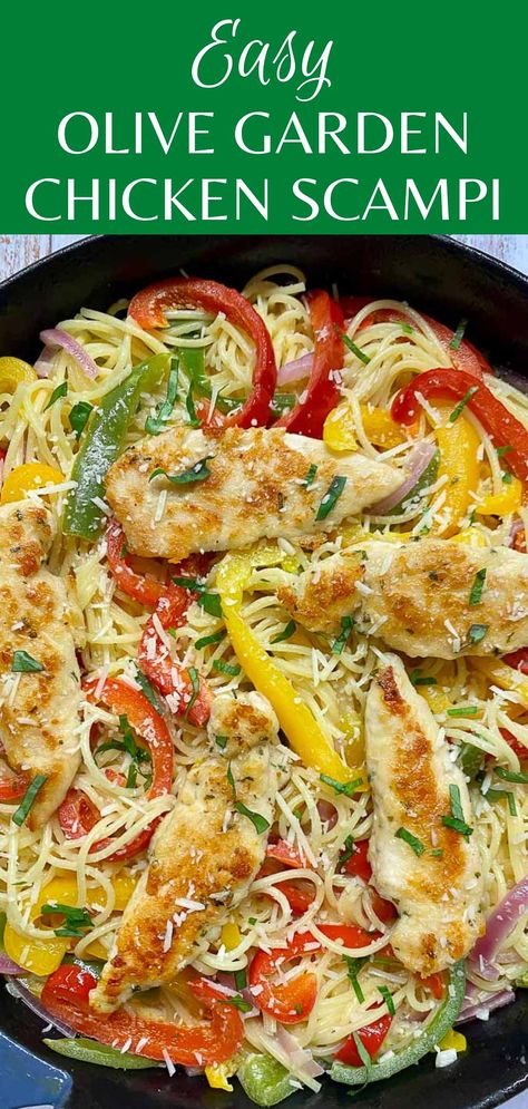 Olive Garden Chicken Scampi Olive Garden Dinner Recipes, Bell Peppers And Chicken, Scampi Chicken, New Chicken Recipes Healthy, Olivelle Recipes, Olive Garden Chicken Castellina, Olive Garden Marinated Chicken, Easy Sunday Meals Dinners, Olive Garden Chicken Piccata Recipe