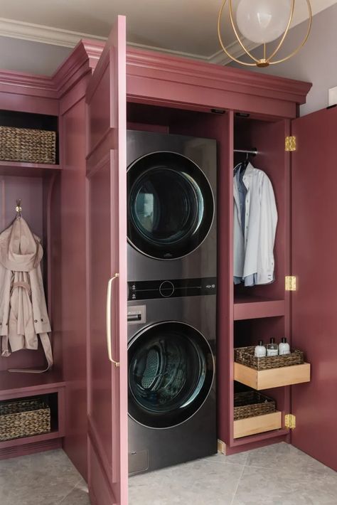 30 Small Laundry Room Ideas for the Tiniest of Apartments | Architectural Digest Bathroom And Laundry Room Combo, Bathroom Laundry Room Combo, Kids Playroom Basement, European Laundry, Stackable Laundry, Playroom Basement, Laundry Cupboard, Blue Laundry Rooms, Small Laundry Room Ideas