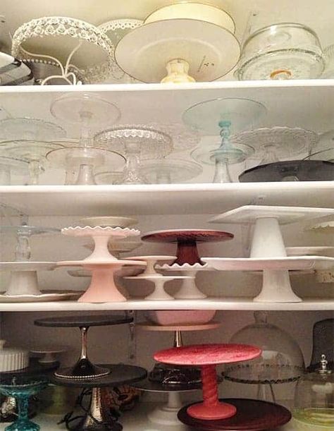 The prop closet of a food blogger. Cake blogger to be more specific. Over 150 cake stands and counting! Baking Tools Storage, Baking Tools Organization, Baking Organization, Baking Storage, Tools Organization, Pan Storage, Tools Storage, White Light Fixture, Kitchen Organization Diy