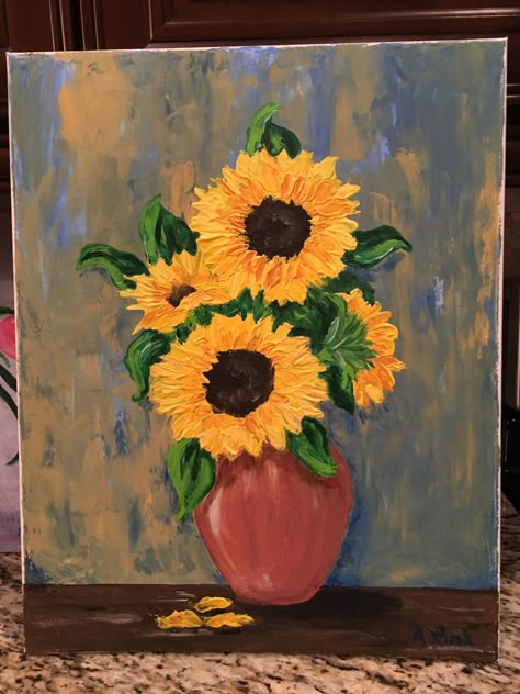 Acrilyc Paintings Ideas Flowers, Sunflower Oil Pastel, Painting Ideas Sunflowers, Sunflower Painting Easy, Cool Paintings Ideas, Easy Sunflower Painting, Sunflower Painting Acrylic, Canvas For Office, Sunflower Sketches