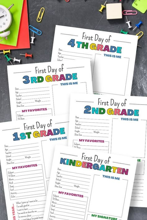 First Day Of Kindergarten Questionnaire, 1st Day Of School Interview, School Information Printable, Last Day Of School Interview Printable, First Day Of School Keepsake, Back To School About Me Printables, School Year Keepsake Storage, Yearly School Picture Ideas, First Day Of School About Me