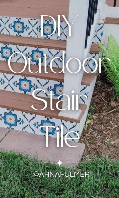 Learn how to add an outdoor vinyl tile for stair risers with this tutorial, and elevate your outdoor space with a touch of color and flair. Tap on this pin to get this DIY tutorial and more with Ahna Fulmer // HammersNHugs.com. #outdoorproject #outdoorliving #stairmakeover Tiles For Stairs, Stair Riser Tile, Outdoor Staircase, Outside Stairs, Roofing Nails, Wooden Picnic Tables, Backyard Swings, Diy Basement, Tile Stairs