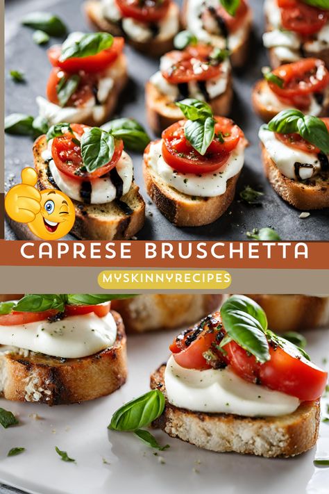 Indulge in the perfect blend of flavors with our Caprese Bruschetta recipe! Crispy baguette slices topped with ripe tomatoes, creamy mozzarella, fresh basil, and a drizzle of tangy balsamic glaze. A mouthwatering appetizer for any occasion!#myskinnyrecipes #CapreseBruschetta #AppetizerIdeas #EasyRecipes Tomato Basil Mozzarella Appetizers Balsamic Vinegar, Caprese On Baguette, Baguette Meal Ideas, Ricotta Bruschetta Recipe, Recipes With Fresh Mozzarella Balls, Caprese Bruschetta Recipe, Bruchetta Appetizers Mozzarella, Baguette Appetizer Ideas, Tomato And Mozzarella Appetizer