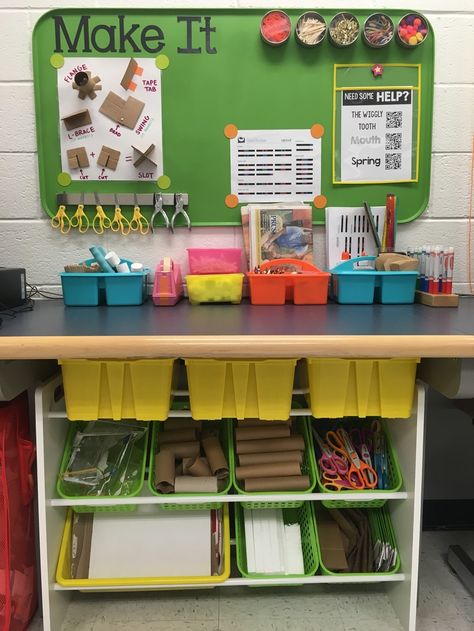 Maker Station Classroom, Tab Classroom Setup, Makers Space Elementary, Maker Space Kindergarten, School Maker Space Design, Maker Space Classroom, Maker Space Ideas Elementary, Stem Organization, Maker Space Design