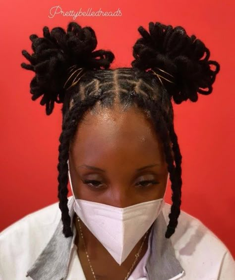 Box Dreads in Pigtail Buns Two Buns Locs Hairstyle, Dreadlock Pigtails, Pigtail Loc Styles, Locs In Pigtails, Loc Pigtails Style, Loc Pigtails, Box Dreads, Pigtail Buns, Loc Ideas