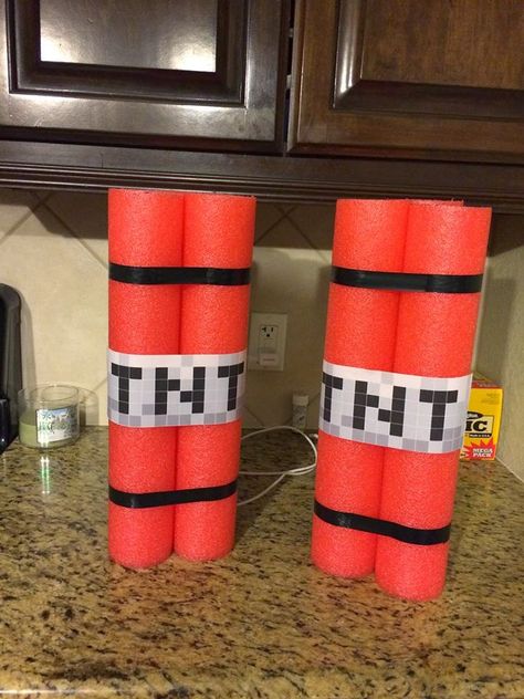 I saw that going differently in my mind...: Pool noodle TNT sticks (Minecraft Party) Minecraft Birthday Decorations, Diy Minecraft Birthday Party, Minecraft Party Decorations, Minecraft Bday, Minecraft Decoration, Minecraft Party Ideas, Minecraft Theme, Diy Minecraft, Minecraft Bedroom