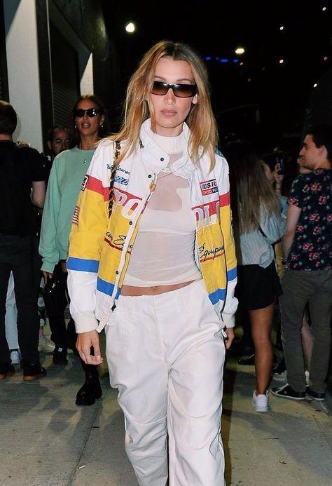 Bella Hadid Body, Racing Jacket Outfit, Bella Hadid Street Style, Nascar Jacket, 90s Runway Fashion, Bella Hadid Outfits, Fall 23, Bella Hadid Style, Hadid Style