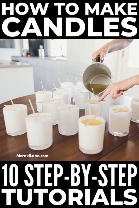 10 Step-By-Step Candle Making Tutorials for Beginners | If you want to learn how to make your own candles, this post is for you! Homemade candles are so simple and easy to make, and there are lots of ways you can personalize them and make them your own. This post includes tons of tips, hacks, and projects using mason jars, beeswax, soy wax, paraffin, and so much more. You'll also learn how to make your own scented candles, plus the best candle making essentials to invest in! Make Your Own Candles, Candle Making Tutorial, Best Candle, Diy Candles Scented, Candle Making Business, Candle Supplies, Diy Candle, Diy Soy Candles, Homemade Candles