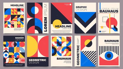 Premium Vector | Geometric posters. bauhaus cover templates with abstract geometry. retro architecture minimal shapes, forms, lines and eye design vector set. magazine, journal or album creative art cover Bauhaus Graphic Design, Geometric Graphic Design, Square Tiles, Desain Buklet, Buch Design, Abstract Template, Contemporary Graphic, Bauhaus Art, Cover Templates