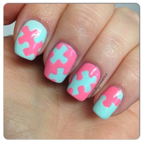 Puzzle piece nails Puzzle Nails Design, Puzzle Piece Nail Art, Puzzle Nail Art, Puzzle Piece Nails, Bingo Nails, Puzzle Nails, Puzzle Theme, Back To School Nails, Subtle Nails