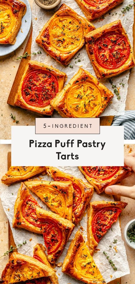 Incredible pizza puff pastry tarts made with gorgeous heirloom tomato and delicious spicy cheddar cheese. These easy pizza tarts seriously taste like your favorite slice of cheesy pizza but with a lovely, flaky crust and a kick of heat! A great way to use up fresh summer tomatoes and perfect for your next dinner party or potluck. Pizza Puff Pastry, Tarts Savory, Puff Pastry Tarts, Incredible Pizza, Puff Pastry Pizza, Cleaner Eating, Cheesy Pizza, Puff Pastry Tart, Ambitious Kitchen