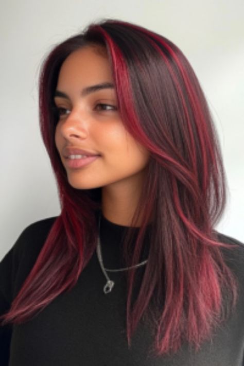 Burgundy Wine Hair With Underlights Burgundy Wine Hair Color, Dark Red Peekaboo Hair, Under Color Hair Ideas, Burgundy Wine Hair, Red Money Piece, Red Peekaboo Hair, Red Peekaboo Highlights, Under Hair Color, Red Peekaboo