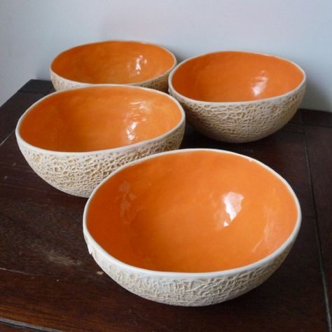 These are cantaloupe bowls! Cantaloupe Bowl, Pottery Projects, Cerámica Ideas, Orange You Glad, Mixing Bowls Set, Orange Crush, Shades Of Orange, Ceramic Bowls, Clay Art